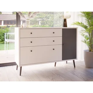 Forte HARLLSON, einfache Montage Dank EasyKlix by Kommode Weiß mit Uni Wolfram Grau 120 130, Sideboard, 2 Schubladen 2 Türen, skandinavischer Stil, Retro, 125 cm breit x 86 cm hoch x 41 cm tief