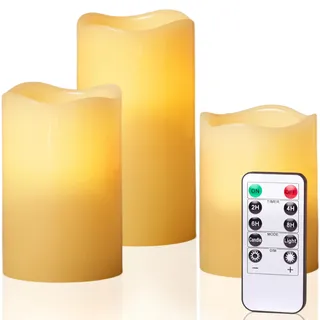 Auralome Led Kerzen mit Fernbedienung - Led Echtwachskerzen D8 cm Outdoor Elektrische Kerze Flackernde Flamme Stumpenkerzen mit Timerfunktion Kerze Flammenlose für Dekoration Elfenbeinweiß 3er-Set