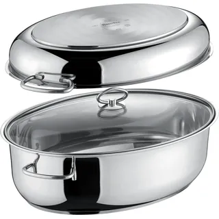 Ovaler Edelstahlbräter, 3in1 inkl. Glasdeckel 38 x 25,5 cm, Edelstahl, poliert - Bräter - Silber