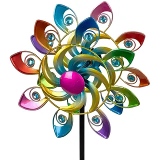 formano Buntes Windrad Pfauenauge Garten Metall Windspiel Windmühle 109 cm Gartendeko Blumenstecker Taubenabwehr Vogelabwehr Gartenfigur Dekoration Außen Windspiel Metall-Blume