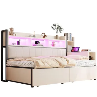 Beaok Metallbett 90/200 cm in Weiß mit Stauraum und ausziehbarem Schreibtisch , Metall , 90x200 cm , Schlafzimmer, Betten