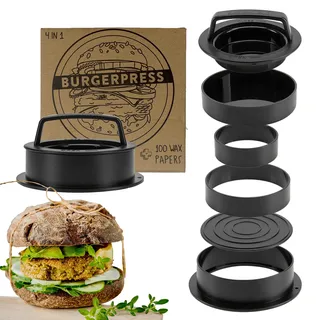 Burgerpresse mit 100 Blatt Burger Papier, 4 Patty Größen inkl. Gefüllte Patties und XXL, Burger Pattie Presse für beste Hamburger, Hamburger Patty Maker mit Rezepten