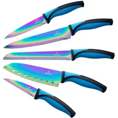 SiliSlick Messerset, 5 Scharfe Küchenmesser als Set zum Kochen, Hochwertige Klingen aus Edelstahl, Titanbeschichtung mit Regenbogeneffekt, Ergonomische Griffe, Blau Griff