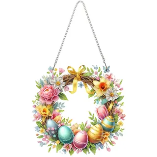 Diamond Painting Türkranz, 5D Diamond Painting Ostern Anhänger Osterhase Diamond Painting Kranz zum Aufhängen Ostereier Diamant Malerei Basteln Diamond Painting Frühling für Handwerk (E)