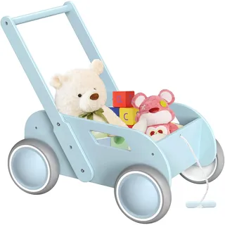 Lauflernwagen Holz, Baby Lauflernhilfe für Junge und Mädchen, Toddler Push & Pull Lauflernspielzeug, Kinderwagen aus Holz, Baby Walker mit Rädern, Geschenk für Geburtstag Weihnachten, Blau