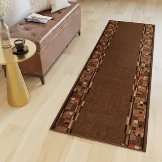 Läufer Teppich Meterware Flur Brücke Wohnzimmer Schlafzimmer Kurzflor Modern Design Rutschfest Braun Orange Vierecke Figuren Küche 67 x 520 - Braun