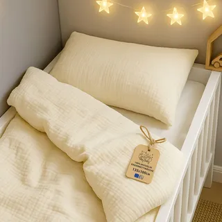 Baby Musselin-Bettwäsche 90 x 120 cm Kinderbettwäsche - Musselin Bettbezug & Kissenbezug 40x60 mit Reißverschluss – Babybettwäsche Junge Mädchen Kleinkind Oeko-Tex Hellbeige