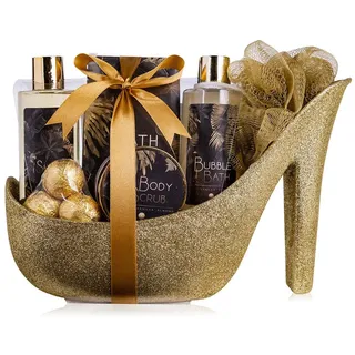 Accentra Luxury Badeset Geschenkset in wunderschönem goldenem Glitzer Pumps, 9-teiliges Luxus Beautyset Pflegeset Duschset – für ein entspanntes SPA Erlebnis