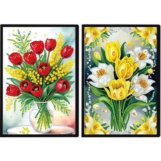 DCIDBEI 2 Pack DIY 5D Notizbücher Diamant Malerei Notizbuch A5 Blanko Diamond Painting Notizbuch Strass Stickerei Tagebuch Sketchbook für Schülerbüro Schulbedarf 50 Blätter Blumen Tagebuch