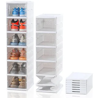 ELUCHANG Schuhboxen Stapelbar Transparent, Installationsfrei 6er Pack Schuhbox, Faltbar Schuhaufbewahrung mit Tür für Schrank Wand Turnschuhe Stöckelschuhe, bis Größe 45,weiß