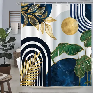 hometrixx Boho Duschvorhang Blau Gold Blätter Geometrisch Linien 180x200cm | Wasserdicht Polyester, Maschinenwaschbar, Badevorhänge mit 12 Ringe, Schimmelresistent Badezimmervorhang für Dusche Bad