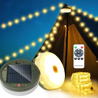 SUBOSI 20m Solar Camping Lichterkette Aufrollbar,Solar&USB Aufladung, 230Leds Outdoor Warmweiß Campinglampe Lichterkette mit Fernbedienung,8-Modi Tragbare Camping Lichter für Camping, Hof