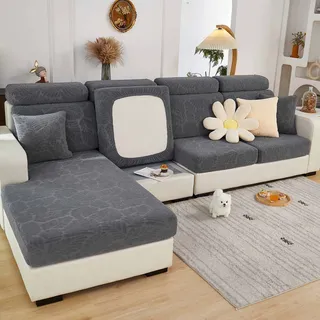 ShowyLive 2023 Neue Sofa Sitzkissenbezug Stretch Sitzkissenschutz für 2 Sitzer Sofa, Stretch Sitzkissenschutz für Sofabezug Ecksofa L Form (1 Stück, Blätter grau)