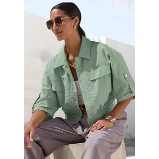 Blouson LASCANA "aus leichter Webware mit 3/4-Ärmeln", Damen, Gr. 32/34, olivgrün, Web, Obermaterial: 65% Polyester, 35% Polyamid, unifarben, figurumspielend hüftlang, mit Riegel, Jacken Blouson, Sommerjacke, leichte Übergangsjacke, Safarijacke, kurze Blousonjacke, Topseller