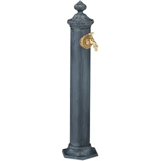 Relaxdays Standbrunnen Antik, mit Wasserhahn, HBT: 84x21,5x25 cm, Wasserzapfsäule Garten, Terrasse, Zierbrunnen, grau