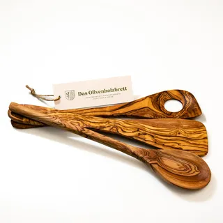 DAS OLIVENHOLZBRETT® Kochlöffel Olivenholz, 3er Set - Kochlöffel aus Holz, handgefertigtes Naturprodukt, Holzkochlöffel, Holzlöffel mit Loch & Pfannenwender, Risottolöffel