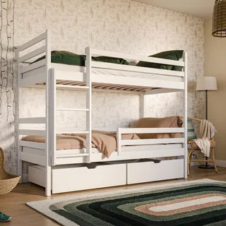 Hochbett 90x200 mit 2 Schubladen Etagenbett mit Rausfallschutz und Lattenrost, umbaubar in zwei Kinderbetten, Vollholz massiv in weiß, Funktionsbett - Weiß