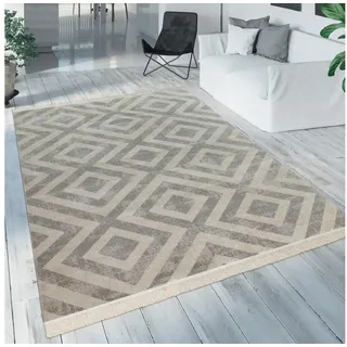 Paco Home Poco 821« rechteckig 6 mm Höhe Kurzflor, Rauten Design, mit Fransen, In- und Outdoor Teppich Rauten-Muster Vintage-Look Flachgewebe Wetterfest 120x170 cm