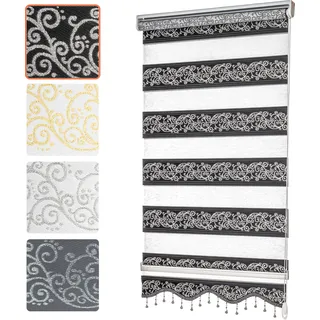 Doppelrollo Klemmfix ohne Bohren mit Perlen mit Volant Jalousien Gardinen Blumen Ranken Muster Schwarz Silber 90 x 200 cm (Stoffbreite 86cm) - Schwarz