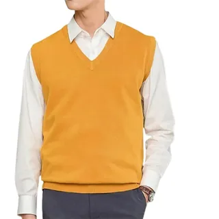 YGLEEULI Strickweste Herren Ärmellose, lockere, warme Pulloverweste for Herren, einfarbig, V-Ausschnitt, Pullover, Strickweste, männliche Weste(Yellow,XL)