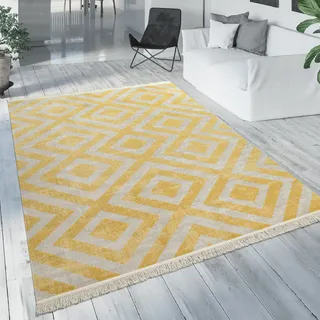 Paco Home Teppich Rauten-Muster Vintage-Look Flachgewebe Wetterfest Grösse 60x100 cm - gelb