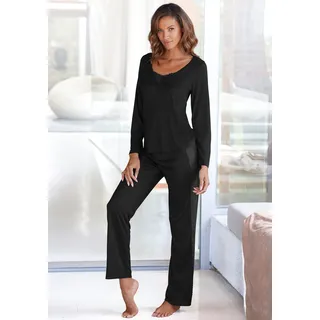 Pyjama LASCANA, Damen, Gr. 32/34, schwarz, Single Jersey, Obermaterial: 100% Viskose, unifarben, bequem lang, V-Ausschnitt, abgesteppte Kante, Homewear-Sets Pyjama, mit Details aus Spitze