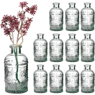 Relaxdays Glasvase, 12er Set, Deko-Vase, geprägtes Vintage-Design, HD: 13x6 cm, Mini-Vasen für Tischdeko, Glas, klar
