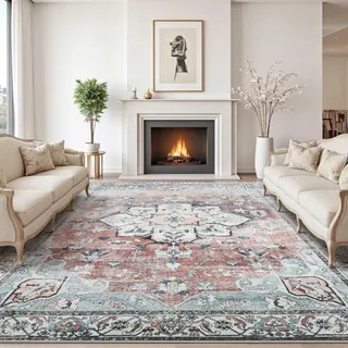 Sour Lemon Vintage Teppich Wohnzimmer 160X230cm Rot Schlafzimmer Carpet | Orientalischer Retro Boho Kurzflor Flauschig Waschbar Großer Teppiche Gegend Modern Rutschmatte für Kinderzimmer Esszimmer