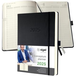 Sigel C2504 Planungsbuch XXL, Terminkalender 2025, A4+, 1 Tag = 1 Seite, für 4 Personen, schwarz, Hardcover, 480 Seiten, Gummiband, Stiftschlaufe, Archivtasche, aus nachhaltigem Papier, Conceptum