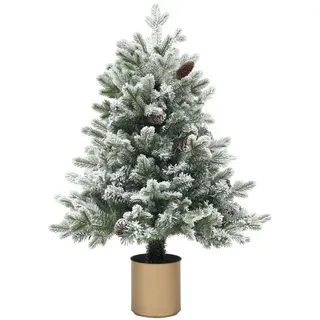 Künstlicher Weihnachtsbaum, 100 cm Christbaum mit 130 Spitzen, Kunstschnee, Blumentöpfe, flammenhemmend, für Weihnachten Deko, Grün+Gold