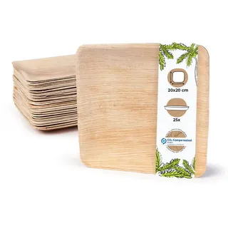 Greenbox Palmware Hochwertiges Palmblattgeschirr I 25 Stück Palmblatt Teller rechteckig 20 x 20 cm I Bio Einweggeschirr biologisch abbaubar Partygeschirr Einmalgeschirr Wegwerfgeschirr, Holzfarbe