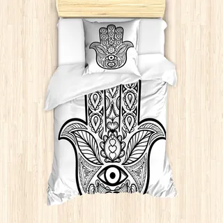 ABAKUHAUS Hamsa Mantele, Natur Tribal Boho Art, Milbensicher Allergiker geeignet mit Kissenbezügen, 135 cm x 200 cm - 80 x 80 cm, Schwarz-Weiss - Schwarz