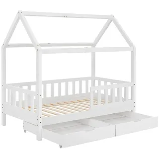 Juskys Kinderbett Marli 90 x 200 cm mit Bettkasten, & Dach - Holz 90x200 Kinder- - Bett in Weiß
