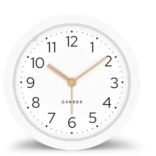 Cander Berlin MNU 2012 W Wecker lautlos ohne Tickgeräusche 12 cm analog batteriebetrieben weiß modern Licht Holzzeiger