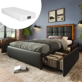 okwish Polsterbett Einzelbett 90 x 200 cm mit Höhenverstellbarem Kopfteil und LED-Beleuchtung, Funktionelles Stauraumbett mit 4 Schublade und Lattenrost(Mit Matratze)- Schwarz - Schwarz