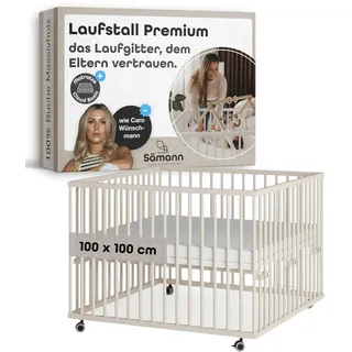 Sämann Laufstall Baby 100x100 cm mit Matratze | TÜV geprüft | stufenlos höhenverstellbar | Laufgitter Premium | Babybett aus Holz | Krabbelgitter sahara dust