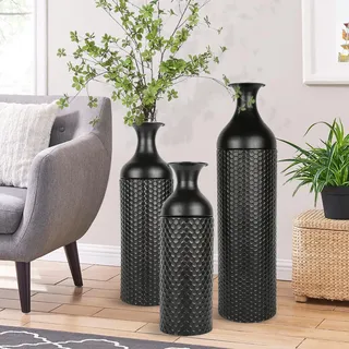 Bodenvase Groß Schwarz, Metall Bodenvasen für Wohnzimmer 68/51/41cm, Bodenvase Große Set of 3, Moderne Wabenstruktur Extra Große Hohe Bodenvasen, Metall Standvase für Wohnzimmer Kamin Flur Ecke Büro