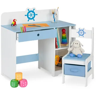 Relaxdays Kinderschreibtisch Seefahrt 80 x 40 x 79,5 cm MDF blau/weiß