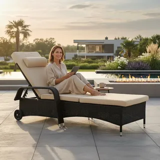 Sonnenliege schwarz Polyrattan Gartenlounge Liegestuhl Relax Terrasse Sitzgruppe - Schwarz