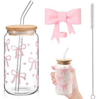 450ml Trinkglaser mit Deckeln und Strohhalmen, Glas Trinkbecher mit Staubdichte Strohdeckel und Stroh Reinigungsbürste, Rosa Schleife Glasbecher, Vielseitig Trinkglas für Kaffee Smoothie Cocktail Tea