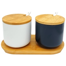 OnePine 2er Set Keramik Gewürzdosen Salztopf - Höhe 10cm Keramik Zuckerdose Gewürzgläser mit Löffel und Deckel für Tee Zucker Salz Gewürze Kaffee (Schwarz und weiß)