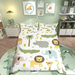 Homemissing Wildlife Bettwäsche Wildlife Bettwäsche Set für Jungen Mädchen Teenager Niedlich Nilpferd Krokodil Löwe Bettbezug 140 x 200 cm Kinder Cartoon Elefant Giraffe Bettwäsche