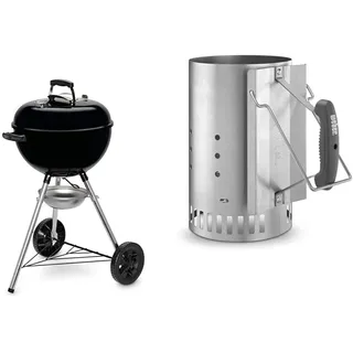 Weber 13101004 Holzkohlegrill Original Kettle E-4710, 47 cm, schwarz & 7416 Anzündkamin Rapidfire, Grillen mit Kohle, Anzünden, 19 x 19 x 30.5 cm