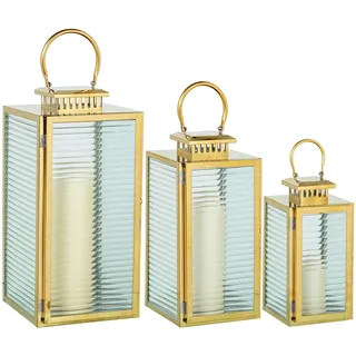 Set mit 3 Laternen aus Metall, für Boden oder Tisch, verchromt, goldfarben, 14 x 15 x 30 + 18 x 19 x 39 + 22 x 23 x 48 cm