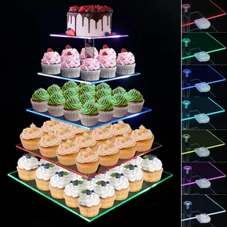 5 Etagen Cupcake Ständer, Ulifeme Wiederaufladbarer LED-Licht Quadrat Transparenter Dessert Tortenständer für Weihnachten, Hochzeiten, Jubiläen, Baby Duschen Nachmittagstee und Geburtstagsfeiern