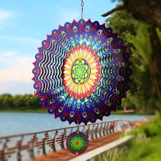 TFANUO 3D Mandala Windspiel 30cm Edelstahl Hängender Windspinner Metallkunst kinetische Dekor Garten Draußen Dekorationen (Lila)