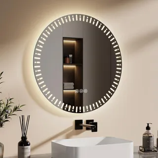 EMKE Badspiegel mit Beleuchtung LED Spiegel 60 cm mit beschlagfrei, Dimmbar 3 Lichtfarbe Rund Badezimmerspiegel Wandspiegel mit Touchschalter