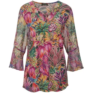 Schlupfbluse GOLDNER "Kurzgröße Bunte Tunika mit floralem Print", Damen, Gr. 19, bunt (bunt, gemustert), Obermaterial: 95% Viskose CV. 5% Elasthan EL., figurumspielend, V-Ausschnitt, weit Volant, Blusen Schlupfbluse, Florales Muster