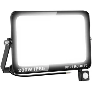 AUXTINGS 200W LED Strahler mit Bewegungsmelder, 20000lm LED Scheinwerfer 6000K LED Fluter Kaltweiß Aussenstrahler Flutlicht Aussenlampe Beleuchtung für Innenhöfe Sportplatz Garage Garten Werkstatt