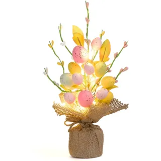 Valery Madelyn 28cm Ostereierbaum mit Licht, Bunte Eier Zweig Baum Dekorationen mit LED Lichtern und Timer Funktion, Osterdeko für Tischplatte Flur Fenster